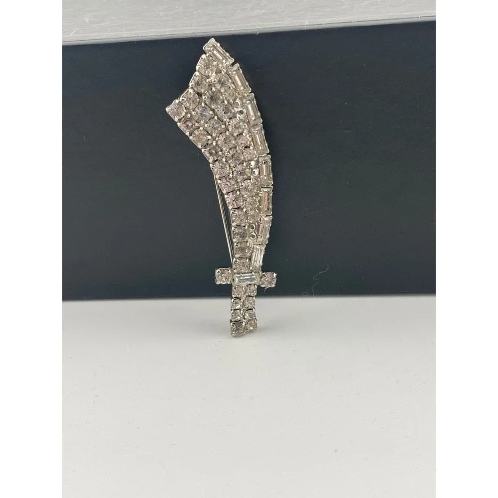 Vintage rhinestone Sword Brooch Silver Tone Scimitar Mid Century Costume Jewelry
